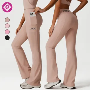 Customized Logo Butt Lifting Women Gym Yoga Pants Solid Color Fitness High Waist Sports Yoga Flared Leggings with Pockets