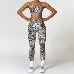 Hot Sale New Technology Digital Printing Gym Fitness Sets Snake Leopard Nylon Spandex Bodysuit Seamless Ribbed Yoga Set