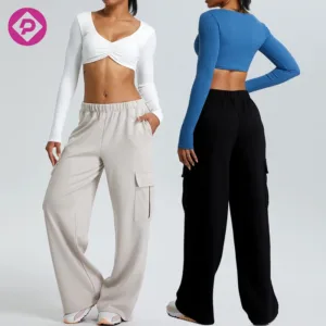 Custom Women's Fitness Long Sleeve Ribbed Crop Top 2 Pieces Set Gym Pants Sports Top Women Yoga Sets