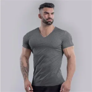 Muscle Training Men Running Shirts Top Blank Solid Style Slim Fit Short Sleeve V Neck Quick Dry Compression Gym T-shirts