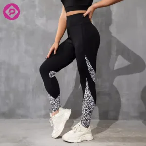 High Waist Fitness Pants Stretch Tight Peach Buttock Lifting Women Leopard Printed Yoga Leggings with Pockets