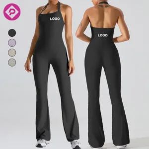 Padded Bra Fitness Bodysuits Yoga Gym Onesie Workout Ribbed Knitted One Piece Halter Neck Flare Women Jumpsuit