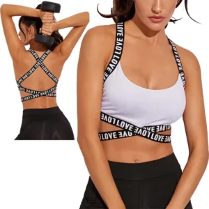 Women Gym Fitness Push up Bra Light Support Floral Print Letter Tape Yoga Strappy Backless Sports Bra