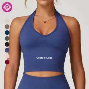 Women Seamless Fitness Top Gym Wear Sexy Bra Lingerie Halter Hanging Neck Push up Sport Yoga Activewear Top