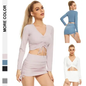 In Stock Women Seamless Ribbed Sheer Mesh Long Sleeve Workout Shirts Deep V Neck Crop Gym Fitness Top with Drawstring