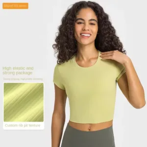 Solid Sports Yoga Ribbed Workout Shirt Short Sleeve Crewneck High Support Crop Gym Summer Tops for Women