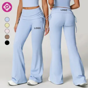 Women Flip Fold High Waist Nude Wide Leg Slim Pants Outdoor Running Fitness Sports Flared Leggings