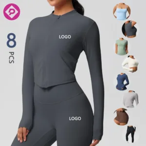 8 Pieces Set Women Yoga Gym Wear Slim Fit Yoga Crop Tops Stretchy Shorts Leggings Blank Custom Yoga Sets