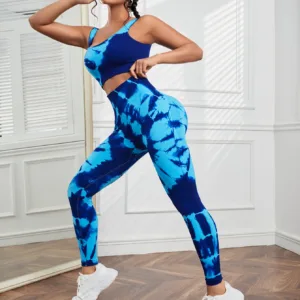 Custom Logo 2 Piece Gym Wear Women Sets Tie Dye Print Color Fitness Running Seamless Yoga Set