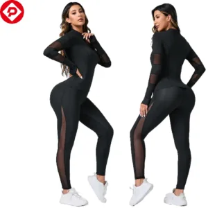 Women 2 Piece Tracksuits Set Sportswear Contrast Mesh Sports Tee and Leggings Fitness Gym Wear Set