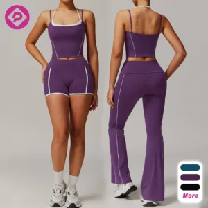 Color Blocking Activewear High Waist Pants Custom Workout Wear 4 Piece Suit Gym Fitness Yoga Set for Women