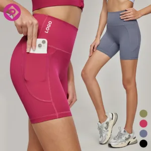 Women High Waist Side Pocket Biker Shorts Athletic Tummy Control Fitness Gym Wear Workout Running Yoga Shorts