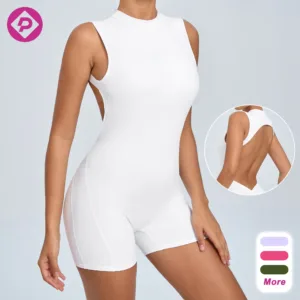 High Quality Nude Sleeveless Hollow Sexy Backless Short Bodysuits Skin Friendly Breathable Sports Gym Women Yoga Jumpsuits