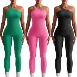 Women Jumpsuits Gym Romper One Shoulder Sports Seamless Ribbed One Piece Workout Yoga Jumpsuits