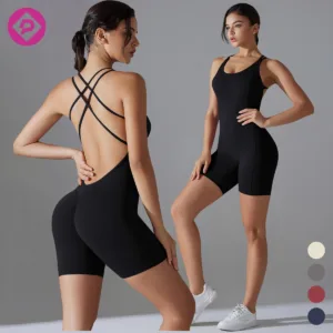 Hot Open Back V Neckline Plunge Low Back Jumpsuits Cross Straps Women Fitness One Piece Romper Bodysuits