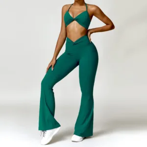Custom Logo 2 Piece Ribbed Gym Sets Lace up Back Sports Crossover High Waist Flare Solid Workout Sets for Women