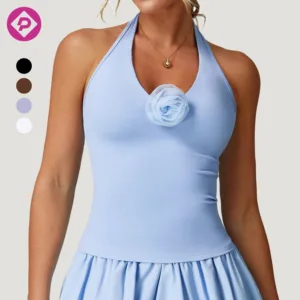 Front Flower V-neck Girls Halter Crop Tank Top Sexy Bra High Stretch Nude Feel Padded Sports Gym Yoga Top