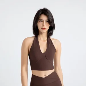 Custom Logo Blank Women Seamless Yoga Crop Top Workout Running High Impact Push up Halter Top Sports Bra