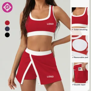 Color Blocking Golf Tennis Wear Women's Gym Fitness Sets Removable Pads Bra Breathable 2 in 1 Skirt Yoga Sets