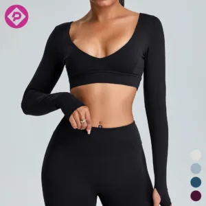 Women's Long Sleeve Solid Color Yoga T-shirt Stretchy Compression Lightweight Cropped V-Neck Yoga Top