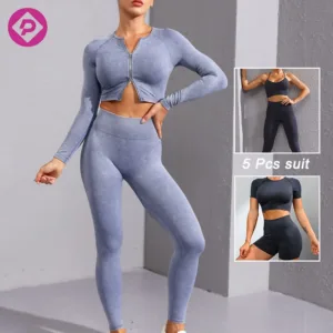 5Pcs Suit Seamless Strap Bra Washed Crop Top Long Sleeve Zipper Shirt Distressed Shorts Ribbed Legging Yoga Set