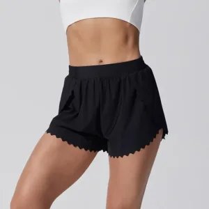 New Arrival Creative Design Women Shorts Set Gym Double Layer Cool Fabric Wave Hem Breathable Yoga Shorts