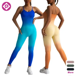 Fitness Gym Gradient Seamless Scrunch Butt Leggings Back Crossover Strap Pad Bra Activewear Yoga Jumpsuits