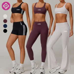4 Pcs Contrast Side Stripe Women Active Set Y Line Shockproof Bra High Waist Butt Lift Bottoms Yoga Fitness Suits