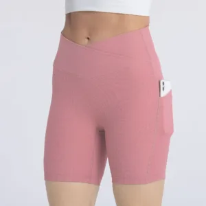 Custom Black Biker Shorts V Shape High Waist Ribbed Slim Fit Running Fitness Biker Shorts Sets Women With Pocket