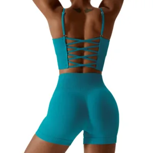 Custom Logo Summer Women Gym Sets Sportswear Running Tight Sports Bra Shorts High Waisted Color Block Seamless Ribbed Yoga Set